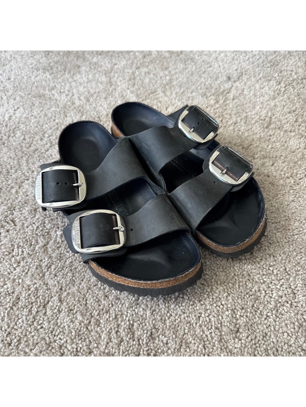 Birkenstock Arizona Sandals Women Sz 42 Black Big Buckle Leather Silver Hardware